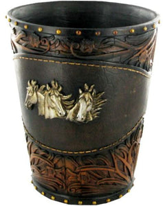 Triple Horse Head Faux Tooled Leather Waste Basket