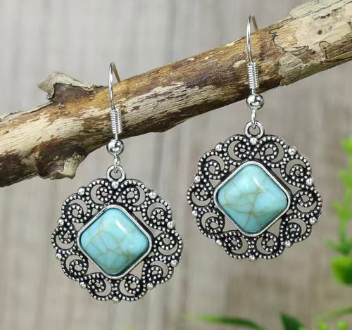 Western Silver Earrings with Diamond Shaped Turquoise Stone
