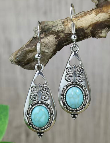 Western Silver Teardrop Earrings with Turquoise Stone