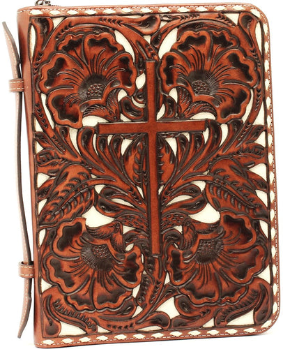 Western Floral Tooled Bible Cover with Cross & Buck Lacing