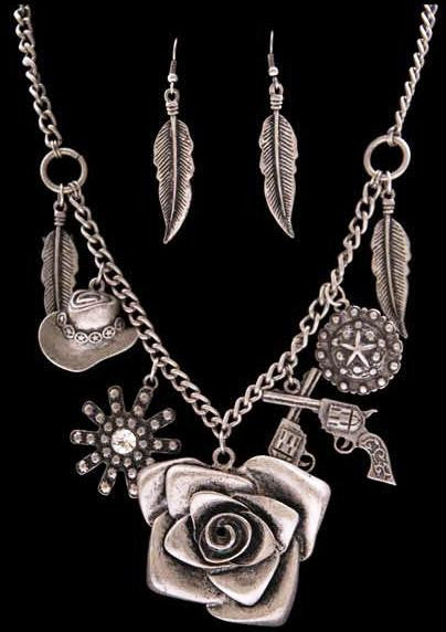 (3DB-FSET0114) Western Motif Necklace with Feather Earrings