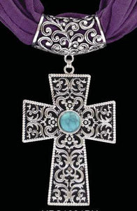 (3DB-HPS1001PU) Western Silver & Turquoise Cross Pendant with Purple Scarf