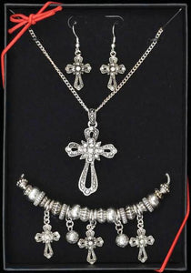 (3DB-JG002) Western Antique Silver Cross Neclace, Earrings and Bracelet