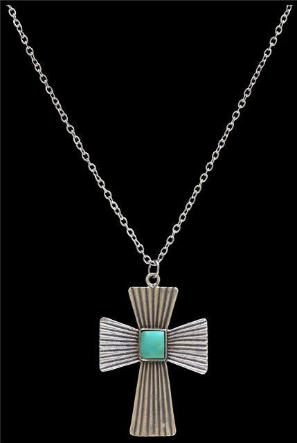 (3DB-LN8907TQ) Western Silver & Turquoise Cross Necklace