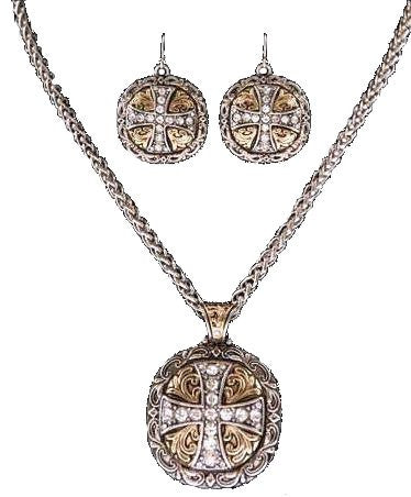 (3DB-NE30009RTT) Western Silver & Gold Cross Necklace with Matching Earrings