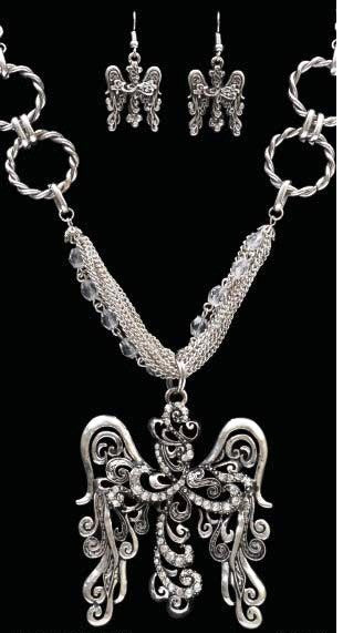 (3DB-NE4018ASCY) Western Antique Silver Cross & Angel Wings Necklace and Earrings