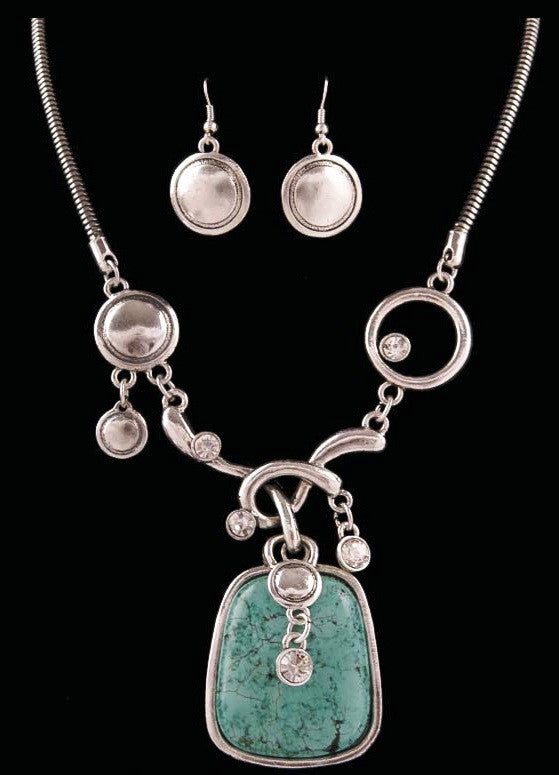 (3DB-NE6350AST) Western Silver & Turquoise Necklace and Earrings