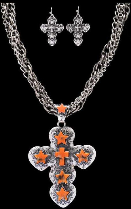(3DB-NE7061OR) Western Orange Star & Cross Necklace with Matching Earrings