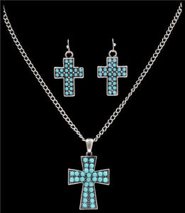 (3DB-NE7113SBTQ) Western Turquoise Cross Necklace and Earrings