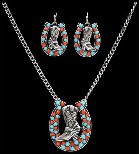 (3DB-NE7118TQRD) Silver Strike Turquoise & Cobalt Boot and Horseshoe Jewelry Set