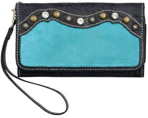 (3DB-PH870) Western Black & Turquoise Cell Phone Wristlet Case
