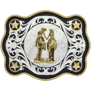 "2 Trails Become One Road" Scalloped Sheridan Style Western Belt Buckle