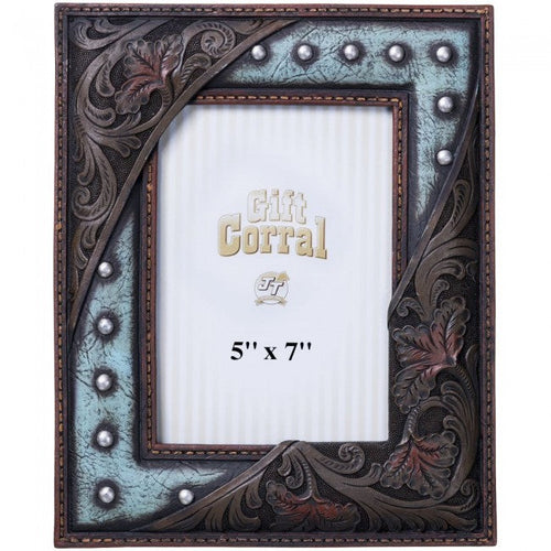 Western Turquoise w/Nail and Tooled Leather Look Photo Frame - 5