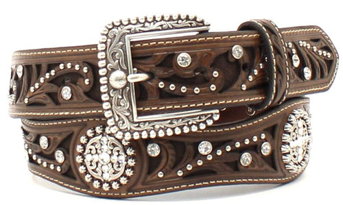 Ladies' Western Brown Scalloped Belt with Crystal Conchos 1-1/2