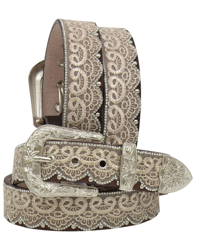 Ladies' Lace Brown Leather Belt with Clear Crystals
