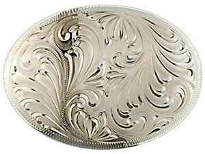 German Silver Engraved Oval Belt Buckle 4-1/4" x 3-1/8"