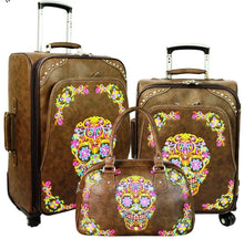 Load image into Gallery viewer, Sugar Skull 3-Piece Wheeled Luggage Set - Coffee