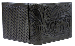 Genuine Hand Tooled Leather Bi-fold Wallet - Black