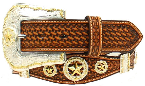 Men's Western Scalloped Black Belt with Texas Star Conchos