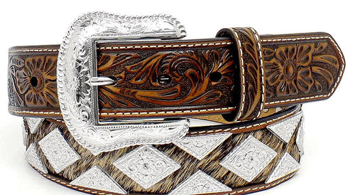 Men's Western Tan Leather & Calf Hair Belt with Diamond Shaped Conchos