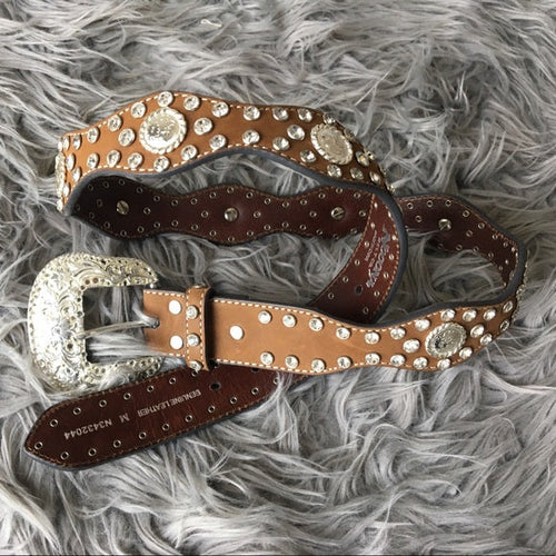 Western Scalloped Distressed Brown Belt Leather Concho Rhinestones