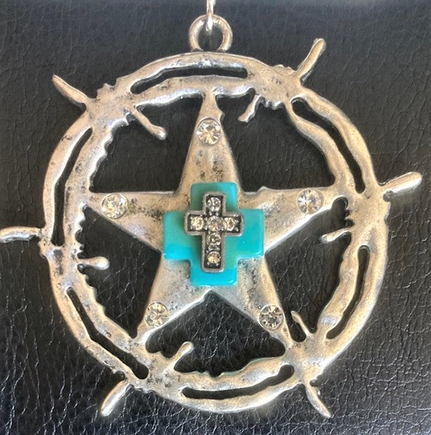 Western Silver Pendant with Turquoise Cross and Star