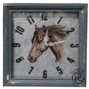 Western Clock with Horse on Metal and Wood Frame - 14"