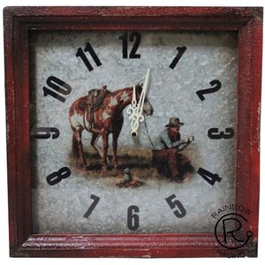 Western Clock with Cowboy on Metal and Wood Frame - 14"