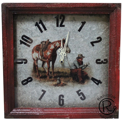 Western Clock with Cowboy on Metal and Wood Frame - 14
