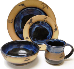 (AAP207OGB) Single 4- Piece Western, Hand Crafted, Made in the USA, Stoneware Dinner Place Setting Garcia Blue