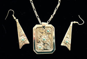 (AASNK143-ER126) Western Silver & Turquoise Necklace with Matching Earrings