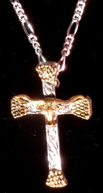 (AASNK154P) Western Gold & Silver Longhorn Nail Cross Necklace