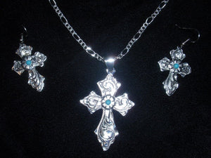 (AASNKER118T) Western Silver Cross & Matching Earrings with Turquoise Stones