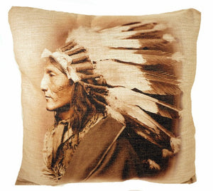(AUJ05) "Indian Chief Portrait" Burlap Accent Pillow