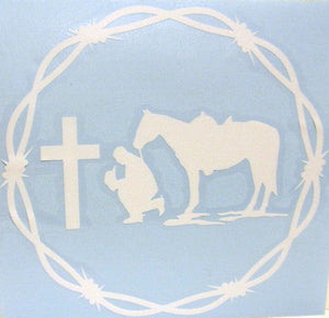 (CLD-PCWTDCL) "Praying Cowboy White" Western Decal with Barbwire Border