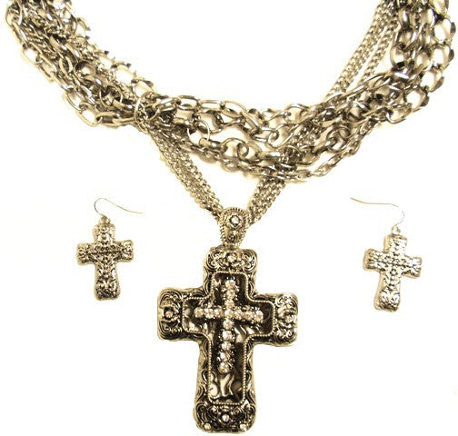 (CS-JS1300) Western Silver Floating Cross in Cross Necklace with Matching Earrings
