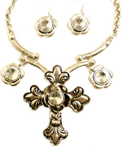 (CS-JS900) Western Antique Silver Cross Necklace and CZ Earrings