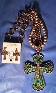 (CSJNE0119) Western Turquoise Colored Cross Necklace & Earring Set