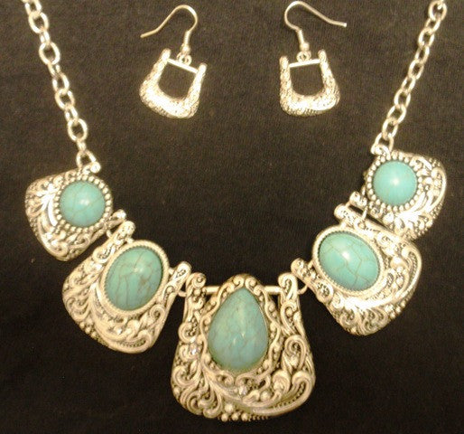 (CSJS1150-TQBKL) Western Silver & Turquoise Buckle Necklace and Matching Earrings