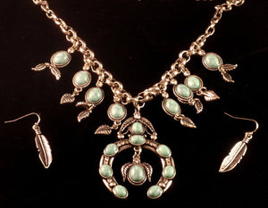 (CSN1150-BN7183SBTQ) Western Turquoise Horseshoe Necklace with Feather Earrings