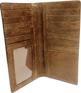 (WFAC842) Western Crinkled Dark Brown Leather Rodeo Wallet with Rawhide Cross Inlay
