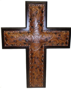 (NWC1) Western Bronze Leather Cross on Wood