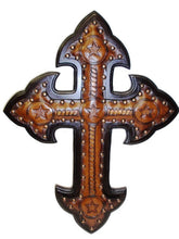 Load image into Gallery viewer, (NWC3) Western Bronzed Leather Cross on Espresso Wood Back