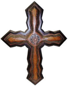 (NWC4) Western Bronzed Leather Cross on Espresso Wood Back
