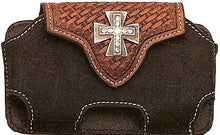 Load image into Gallery viewer, (MFW0689067) Western Black/Brown Cell Phone Holder with Cross Concho and Swivel Belt Clip (for iPhone &amp; Blackberry)