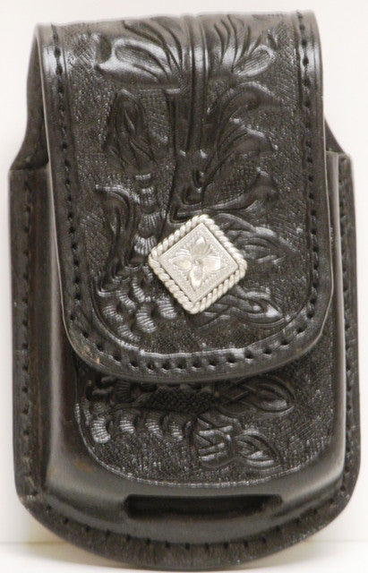 (MFW0689899BFTDC) Western Black Floral Tooled Cell Phone Holder for Razor with Diamond Shaped Silver Concho