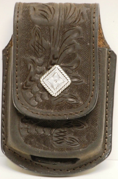 (MFW0689899CHTDC) Western Chocolate Floral Tooled Cell Phone Holder for Razor with Diamond Shaped Concho