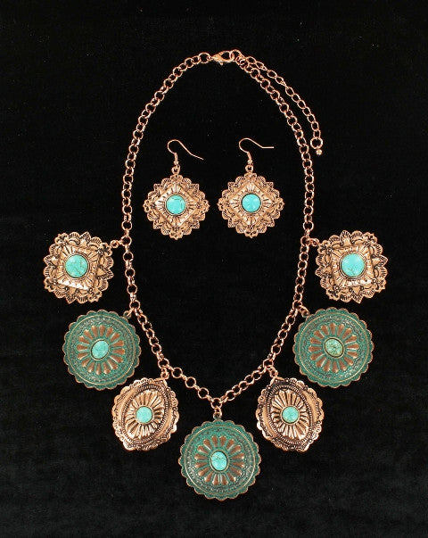 (MFW29975) Western Turquoise & Copper Concho Necklace and Earrings