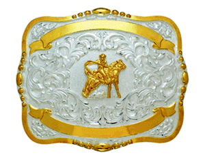 (MFW38410) Western 5" x 4" Trophy Buckle with Calf Roper and Free Engraving