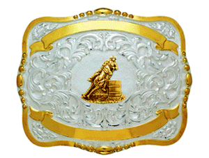 (MFW38470) Western 5" x 4" Trophy Buckle with Barrel Racer and Free Engraving